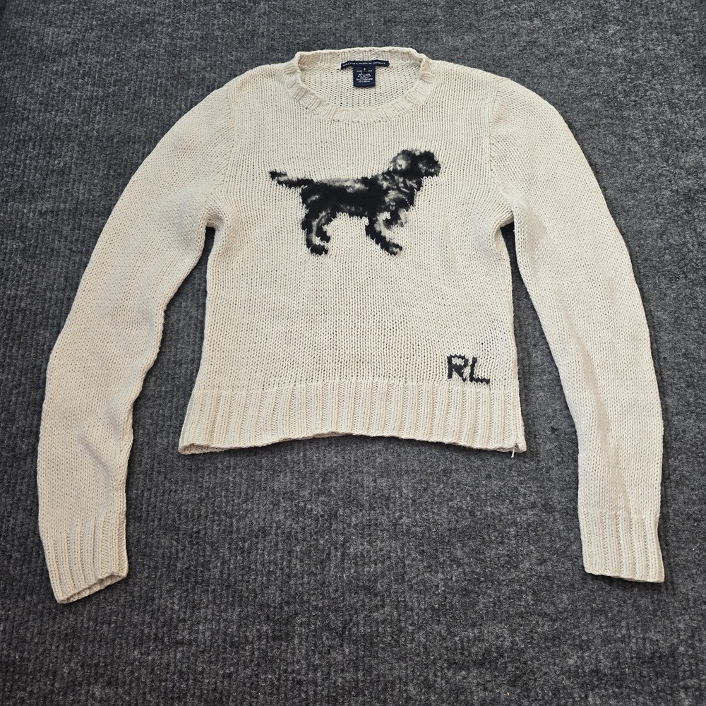 Ralph Lauren Sport Dog Sweater 2001 Knit Crewneck Cream Vintage Women's Small - Picture 2 of 7